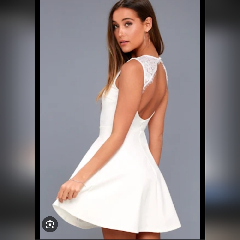 Lulu's Classic White Mini Dress Open Back Eyelash Lace M